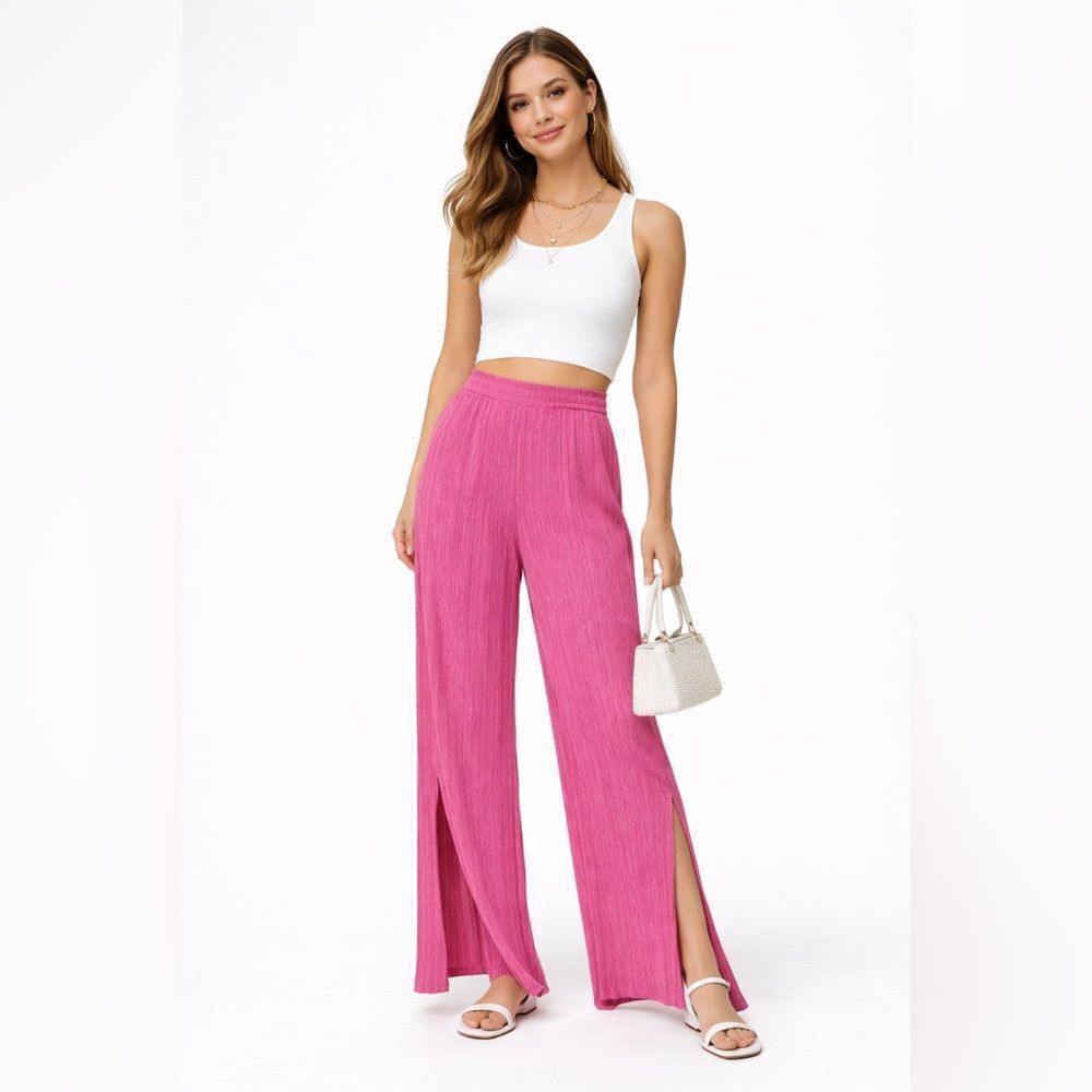 ZARA Women's High Waist Pleated Wide Leg Slit Palazzo Pants in Pink Size Small - Picture 1 of 7